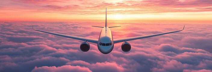 Airplane Flying Above Clouds at Sunrise