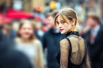 Young woman looks back at the camera in a busy city street during the day with people walking all around her