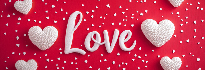 "Love" Written in Cursive on Red Background with White Hearts