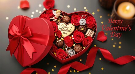 A heart shaped box overflowing with assorted gourmet chocolates and vibrant red roses, presented with a luxurious red ribbon, wishing you a Happy Valentine's Day.