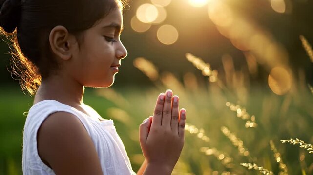 A Spiritual kid in Silhouette Prays with Folded Hands at a Beautiful Sunset, a Cinematic Moment of Deep Contemplation and Faith