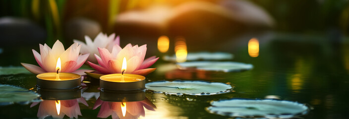 Spa &ndash; Serenity and Meditation with Candles and Waterlily in Zen Garden