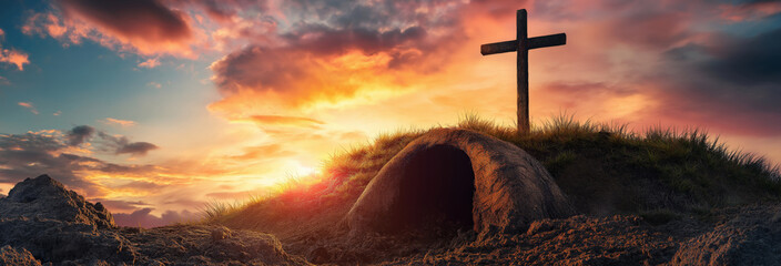 omb Empty with Shroud and Crucifixion at Sunrise - Resurrection of Jesus