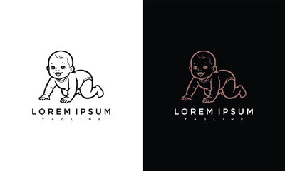 Crawling baby illustration in different line styles on contrasting backgrounds