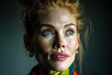 Woman with light hair and blue eyes looks thoughtfully off to the side in a dimly lit space near the evening