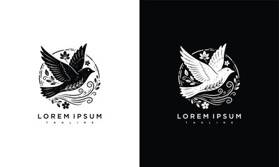 Elegant bird illustrations with floral patterns on contrasting backgrounds