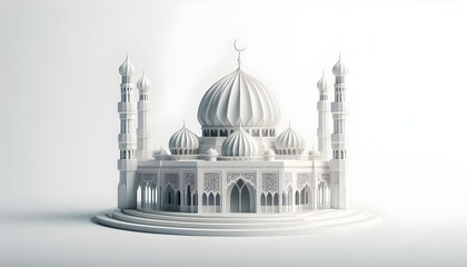 Minimalist mosque dome and minaret silhouette, origami‑style folds, isolated on plain white background.