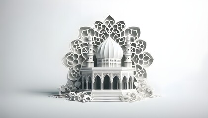 Minimalist mosque dome and minaret silhouette, origami‑style folds, isolated on plain white background.