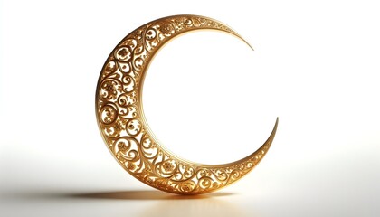 Golden crescent moon ornament with Islamic arabesque details, isolated on clean white background.