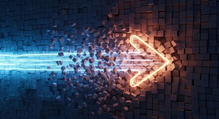 Abstract glowing arrow breaks through a dark textured cube wall symbolizing digital transformation and progress