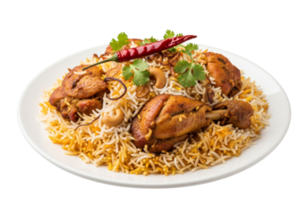 chicken biryani on plate with cilantro garnish and fried onions