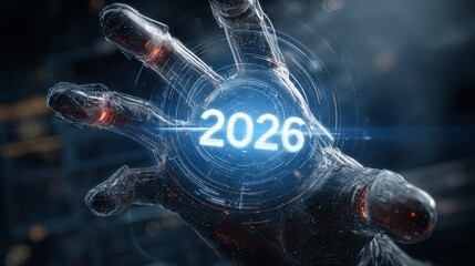 A futuristic robotic hand showcasing a digital interface with the year 2026, representing innovation and technological advancements in artificial intelligence and robotics.