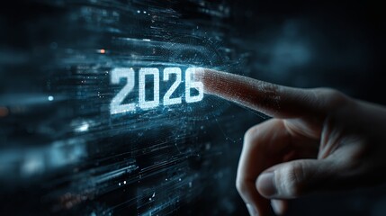 A hand interacts with a futuristic digital interface displaying the year 2026 in a neon-lit environment, representing innovation and progress in technology.