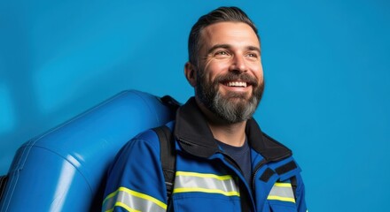 Smiling paramedic or rescue worker wearing a reflective uniform and carrying an essential medical equipment bag