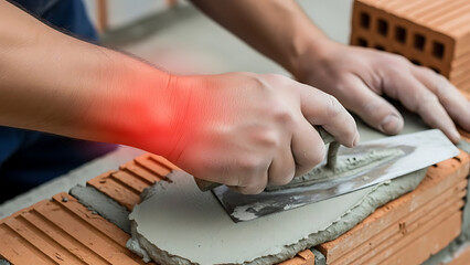 Occupational wrist pain for construction worker laying bricks with mortar and trowel, highlighting work injury risk.
