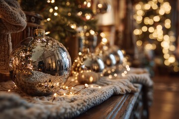 Festive Christmas Decor With Silver Ornaments, Warm Fairy Lights, And Cozy Knitted Mantel Display