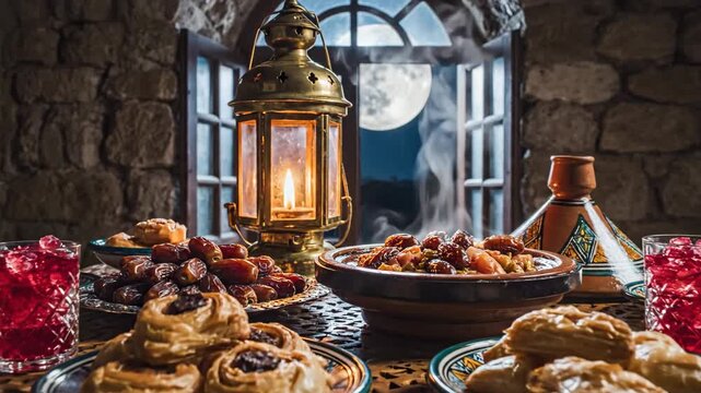 This beautifully arranged traditional table is ready for the celebratory evening meal of ramadan iftar, marking the joyous occasion of eid al fitr and wishing everyone eid.