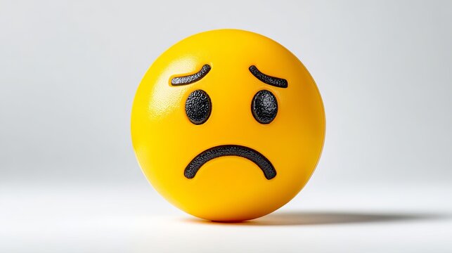 A yellow stress ball with a frowning face on a white background, conveying a sense of sadness and frustration.