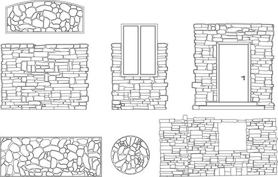Technical vector of various stone masonry textures, featuring dry stone walls, rubble masonry, and stone-framed openings.