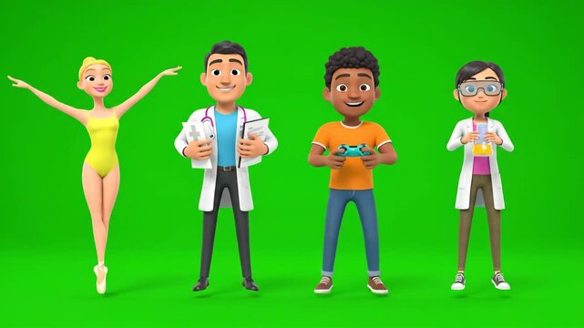 Diverse cartoon characters in different professions and hobbies on a green screen.