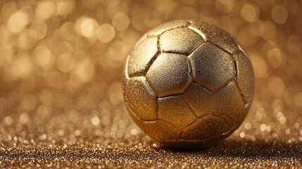 Fototapeta premium A close-up shot of a luxurious gold soccer ball with a textured surface, sitting on a glittery surface with a blurred golden background, evoking feelings of excitement, victory, and celebration.