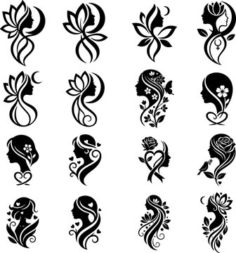 icon Set of 16 Woman Profile Silhouettes with Floral, Moon, and Nature Elements for Beauty and Wellness Logos
