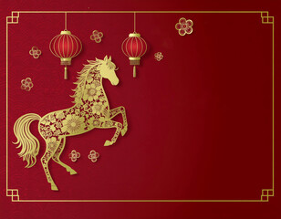 Golden Horse Illustration with Lanterns on Red Background.