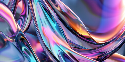 Abstract background with colorful glass shapes and fluid lines, 3D render style, holographic gradient, futuristic wallpaper design element