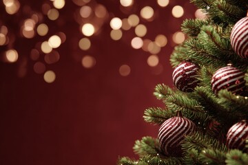 Fototapeta premium Christmas Tree Ornaments On Green Pine Branches With Red And White Glitter Balls And Soft Bokeh Lights