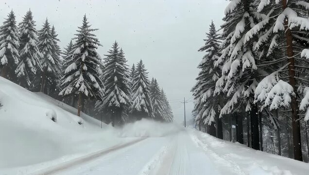 Extreme weather 4K documentary style footage of powerful blizzard Siberia strong ground winds blowing snow across roads harsh winter conditions cold climate environment dramatic atmospheric 