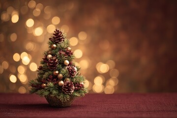 Christmas Tree Decor With Pinecones And Gold Ornaments On Red Tablecloth, Warm Holiday Glow, Cozy Studio Still Life That Evokes Family, Friends, And Festive Celebration