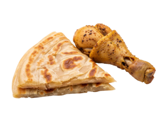grilled flatbread with roasted chicken drumstick on white background
