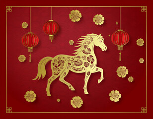 Golden Horse with Lanterns on Red Background.