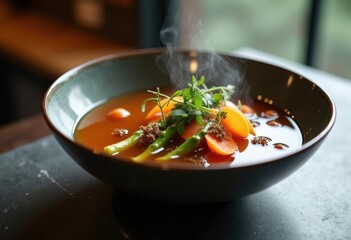Luxurious Wagyu Beef Bone Broth in Polished Bowl Surrounded by Exotic Ingredients and Garnishes