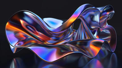 3d render of abstract futuristic glossy chrome curved shape with colorful reflections on black background. Iridescent wavy ribbon, metallic structure, close up