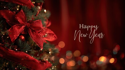 Happy New Year Greeting With Red Ribboned Christmas Tree, Warm Lights, And Festive Bokeh To Convey Family, Celebration, And Holiday Cheer