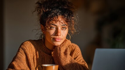 Freelancer working on laptop with coffee in cozy indoor space during golden hour