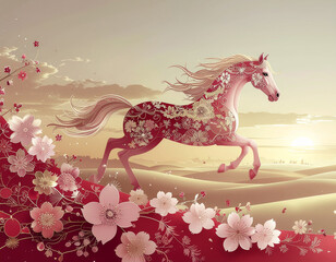 Floral Horse Running in Desert Landscape.