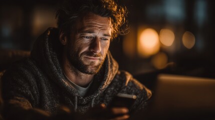 Freelancer working late at night on phone and laptop in a dimly lit room