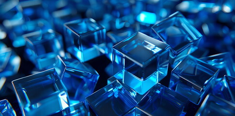 3D render of blue glass cubes on a black background, close up