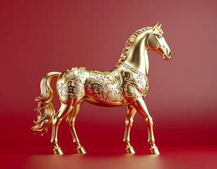 Golden Horse Figurine on Red Background.