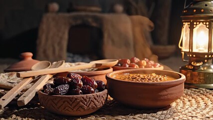 This beautifully arranged traditional meal, featuring dates and soup in rustic clay bowls illuminated by a warm lantern, represents the breaking of the fast during ramadan iftar and anticipates.