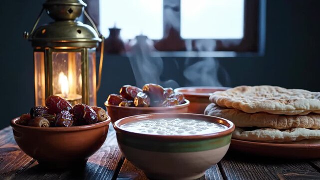 This traditional meal setup featuring steaming soup, dates, and flatbread is prepared for the solemn ramadan iftar, marking the end of the daily fast and celebrating the joyous occasion of eid al.
