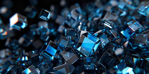 Obraz premium Abstract background with blue glass cubes on black, 3D rendering illustration
