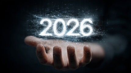 A hand holding the year 2026 in a futuristic and technological concept, representing innovation, progress, and vision for the future.
