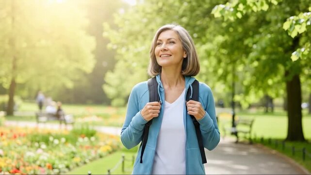 Joyful woman strolling through lush park with blooming flowers and sunshine
