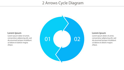 Two-step circular process diagram template with blue arrows and placeholder text.