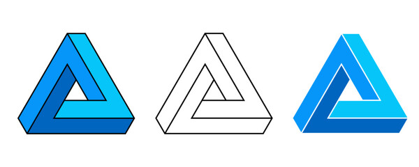Set of three impossible triangle illustrations in various color representations.
