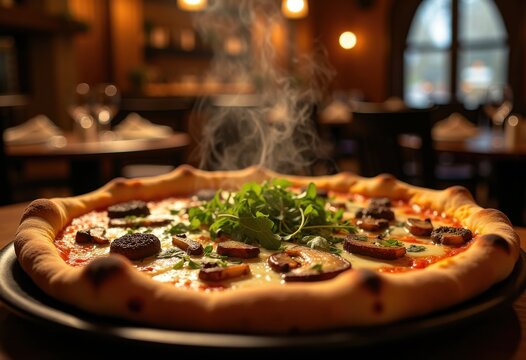 Upscale Italian Restaurant Exquisite Truffle Pizza Under Dim Ambiance Custom-Built Oven