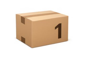 Cardboard shipping box with number one, representing top delivery service, priority package, and first-class mail order product